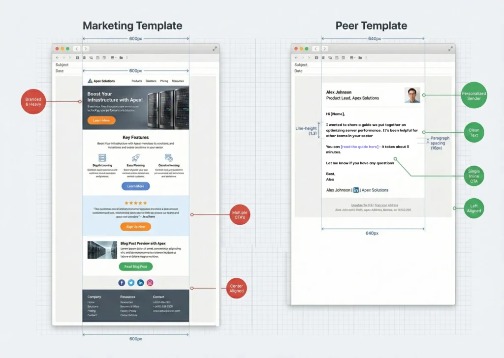 Traditional marketing email layout versus peer-to-peer email layout
