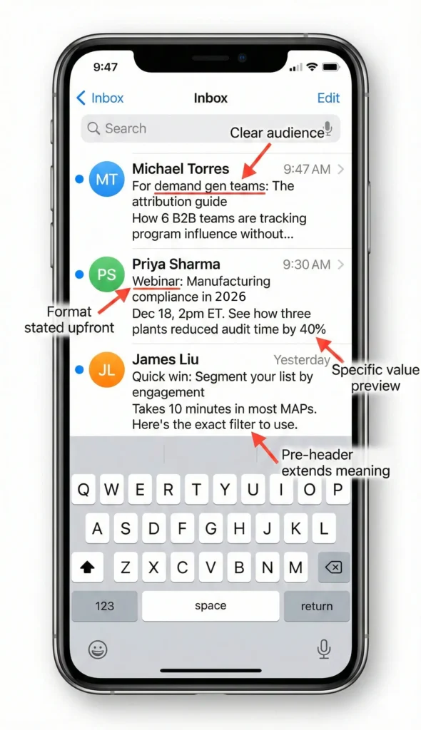 Examples of effective subject line and pre-header combinations in mobile inbox