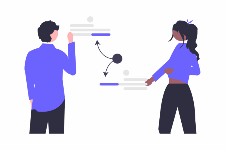 Two professionals in peer-to-peer conversation representing the shift from broadcast to relationship-based email