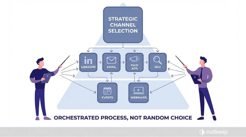 Modern flat-design illustration showing a strategic channel selection process. Display 5-6 channel icons (LinkedIn, email, paid ads, SEO, events, webinars) arranged in a pyramid or layered structure. Show faceless business figures pointing to and connecting these channels