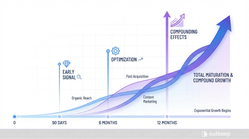 Clean timeline illustration showing marketing channel maturation over time. Display a horizontal timeline from 0-12 months with key milestones marked at 90 days, 6 months, and 12 months. Show ascending performance curves and compound growth effects.