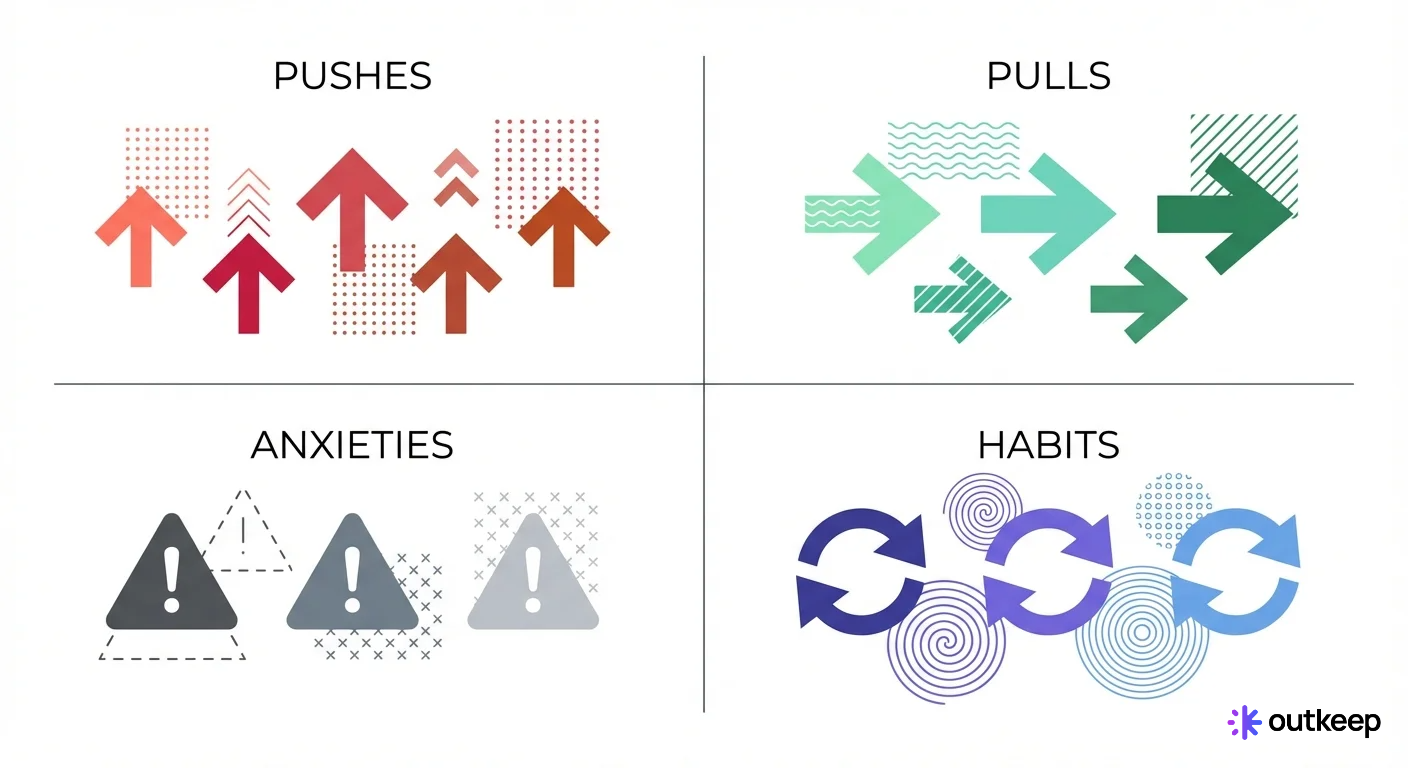 SaaS illustration: PUSHES, PULLS, ANXIETIES, HABITS in a 2x2 grid showing factors for scaling a messaging platform