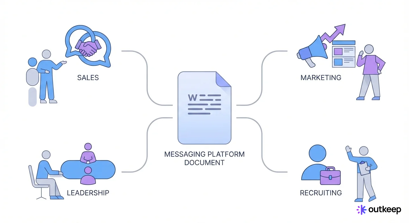 SaaS messaging platform illustration showing integration between Sales, Marketing, Recruiting, and Leadership teams.