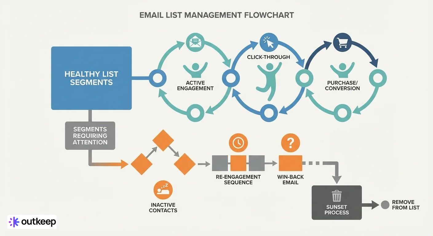 Flowchart showing email list management and re-engagement strategies.