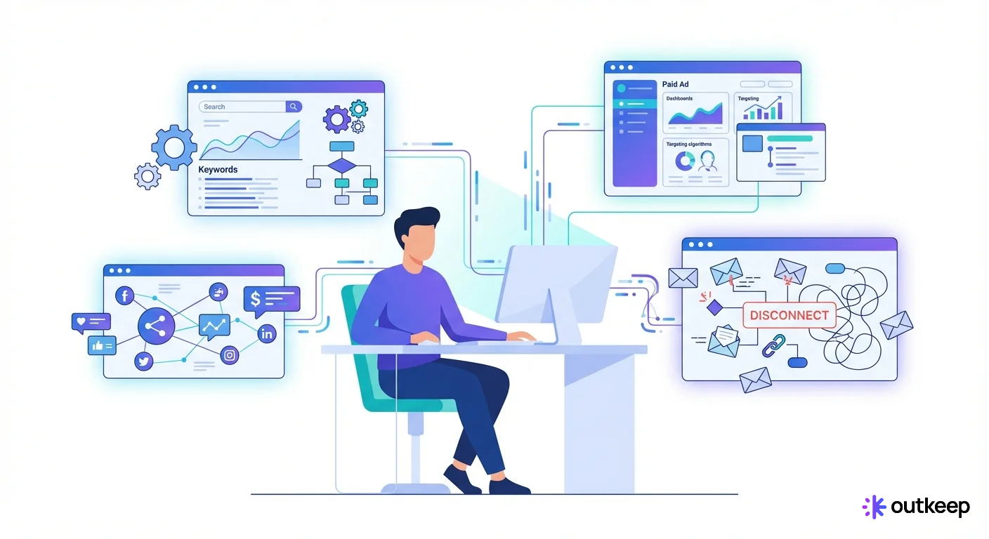 B2B marketer manages multiple marketing channels except chaotic email in a modern SaaS illustration.