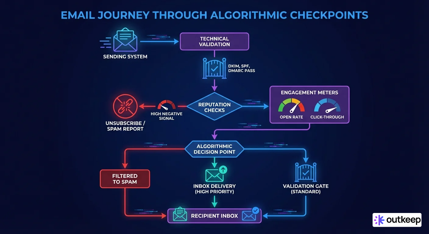 Email journey flowchart through algorithms with engagement, reputation, and validation checks.