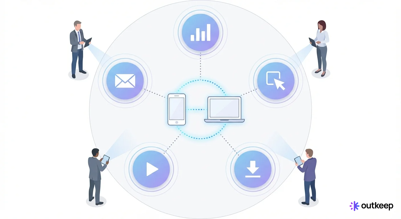Illustration of behavioral signal tracking: devices connected to engagement icons monitored by business figures.