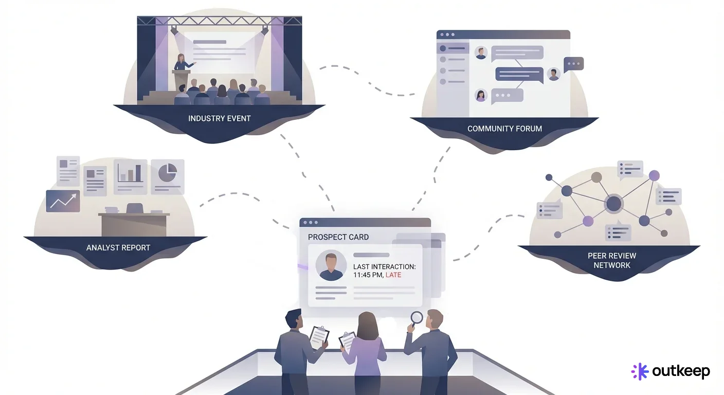 Fragmented buyer journey map with disconnected touchpoints, illustrating B2B attribution challenges.