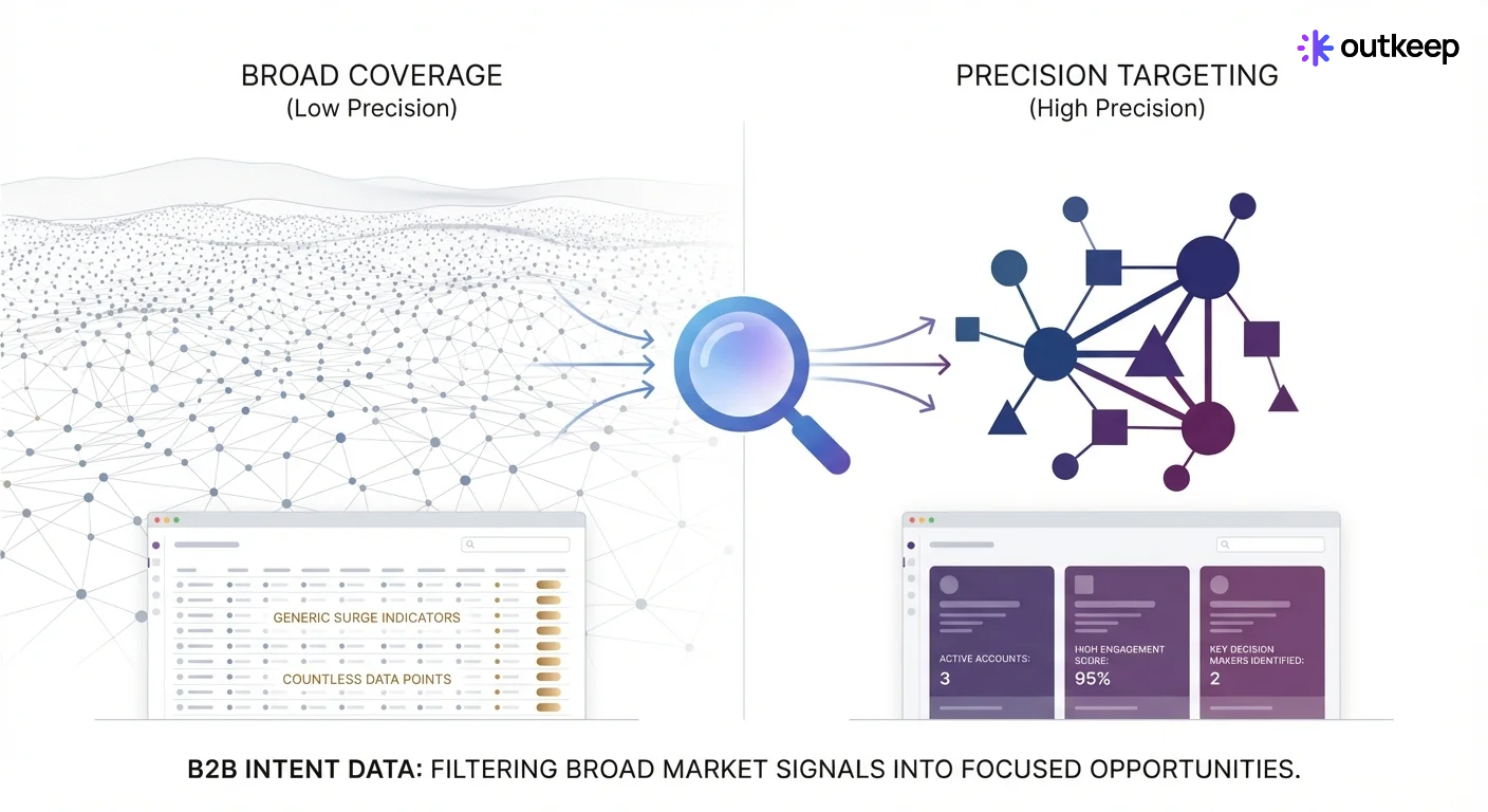 B2B intent data: broad coverage vs precision, showing weak vs strong signals for targeted go-to-market strategies