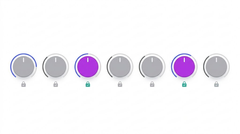 Row of stylized control dials with most pre-set as defaults and two highlighted in purple