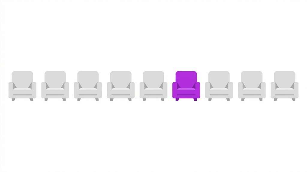 A row of identical beige armchairs with one purple chair standing out.
