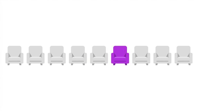 A row of identical beige armchairs with one purple chair standing out.