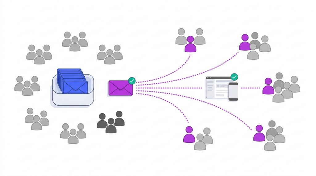 Illustration of a contact database reaching only nearby groups while one purple envelope reaches buying committees beyond it.