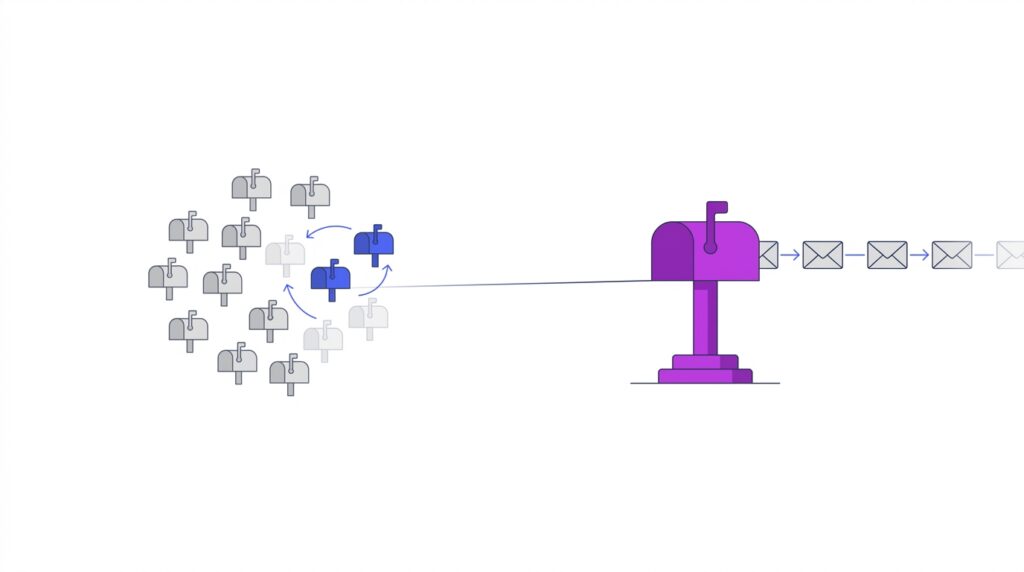 Illustration of many gray mailboxes rotating on one side and a single purple mailbox sending a steady line of envelopes on the other