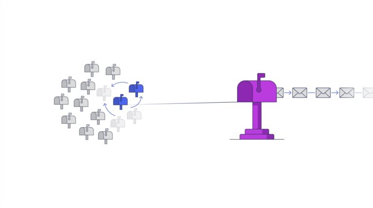Illustration of many gray mailboxes rotating on one side and a single purple mailbox sending a steady line of envelopes on the other